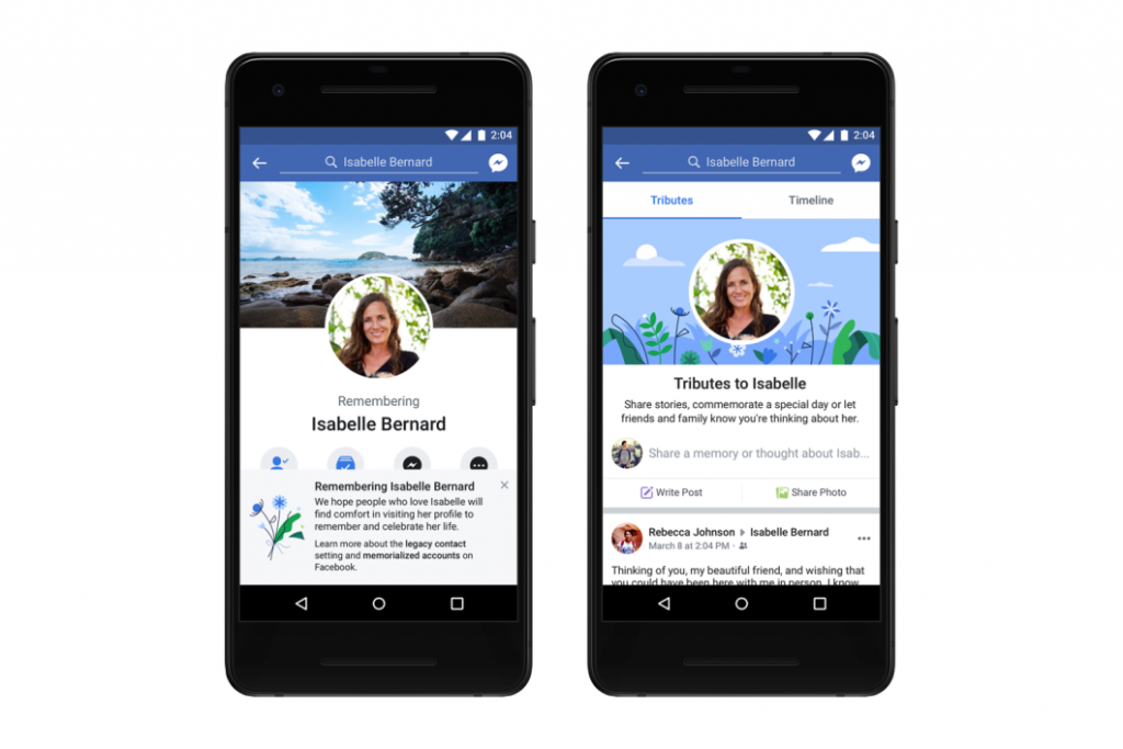 a Facebook memorial profil az oldalt digitális tisztelgéssé változtatja, az emlékezés szóval az elhunyt neve előtt, miután meghaltak. Forrás: Facebook